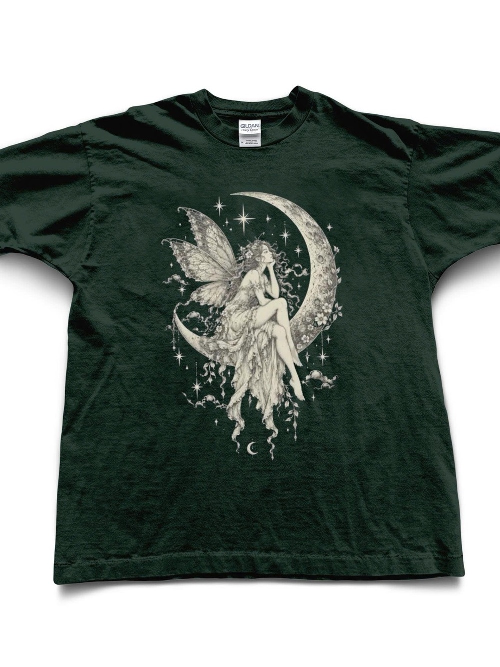 Gildan Forest Green Tee with Ivory Fairy on Crescent Moon